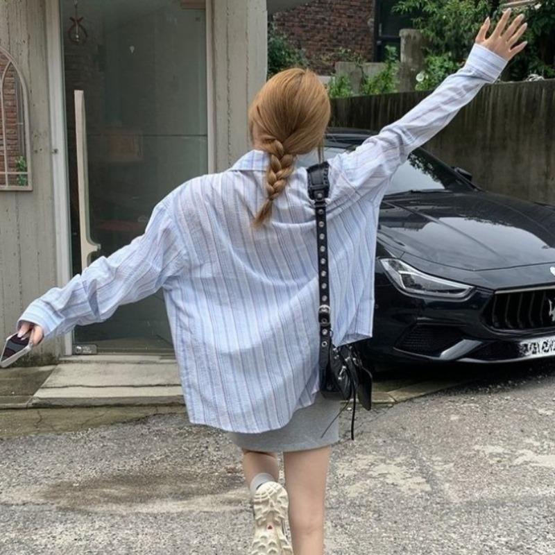 Ladies' Striped Shirt Women's Turn Down Collar Long Sleeved Blouse Summer New Version Korean Style Loose Versatile Casual Top