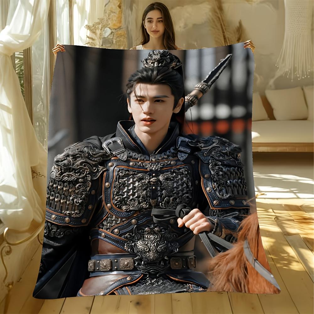 1pc Zhang Linghe As Xie Zheng In Armor On Horse from Chasing Jade Printed Flannel Blanket, All-Season Use, Soft And Comforta