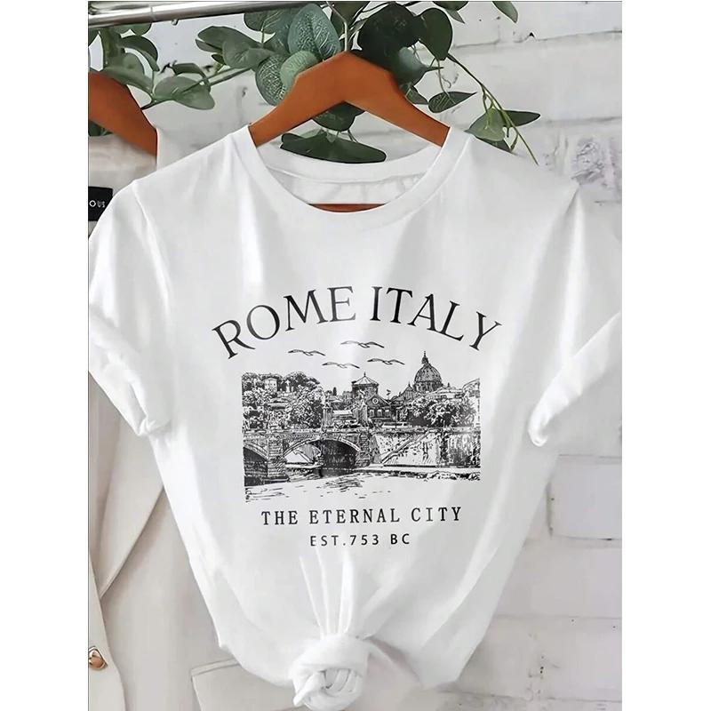 Rome Italy Skyline Women's Casual Round Neck Short Sleeve T-Shirt Y2k Tees Tops Women Summer T Shirt Graphic Gothic T-shirt
