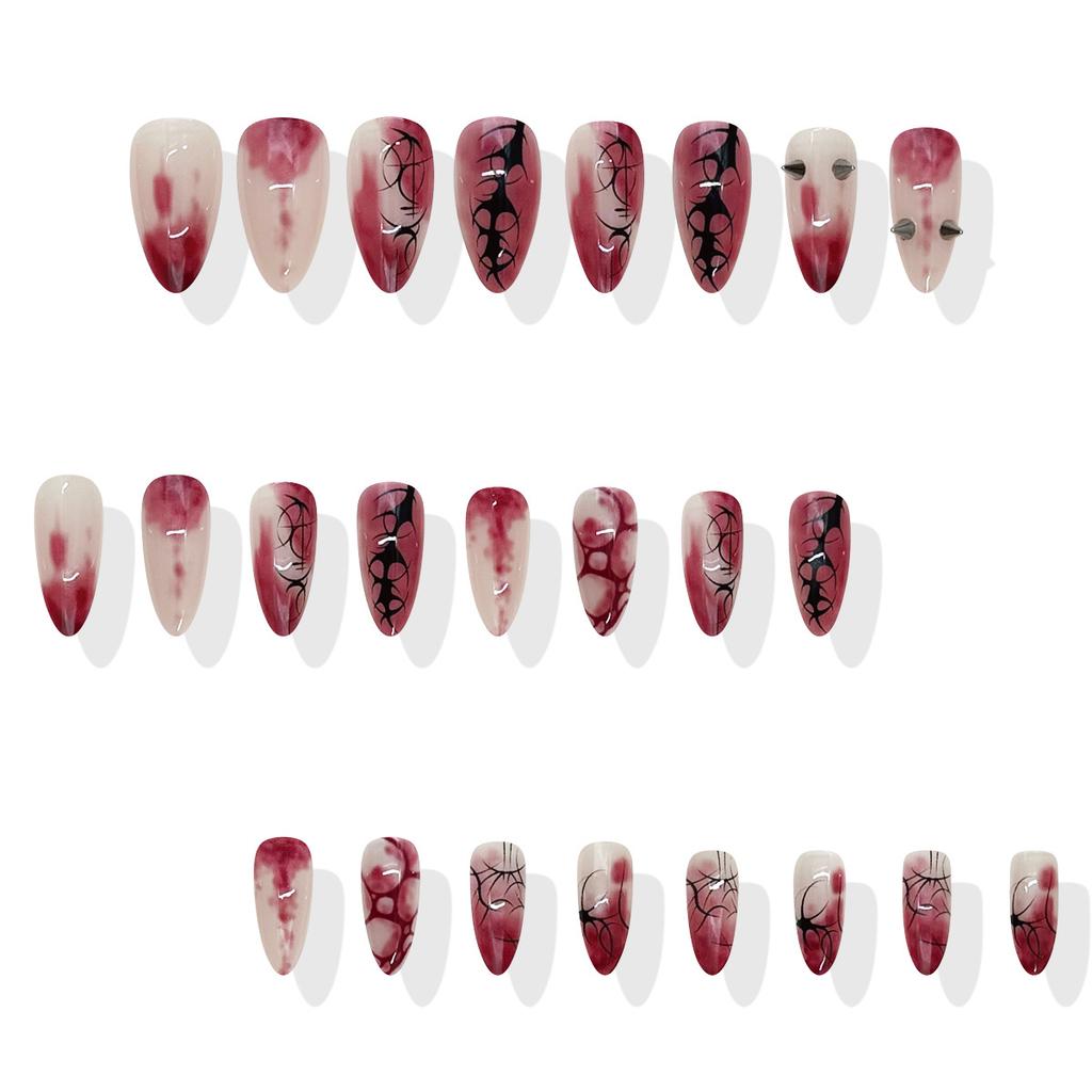 24PCS Gothic Halloween Style Press On Nails Red White False Nails with Black Web Pattern Silver Spike Design Manicure for Women