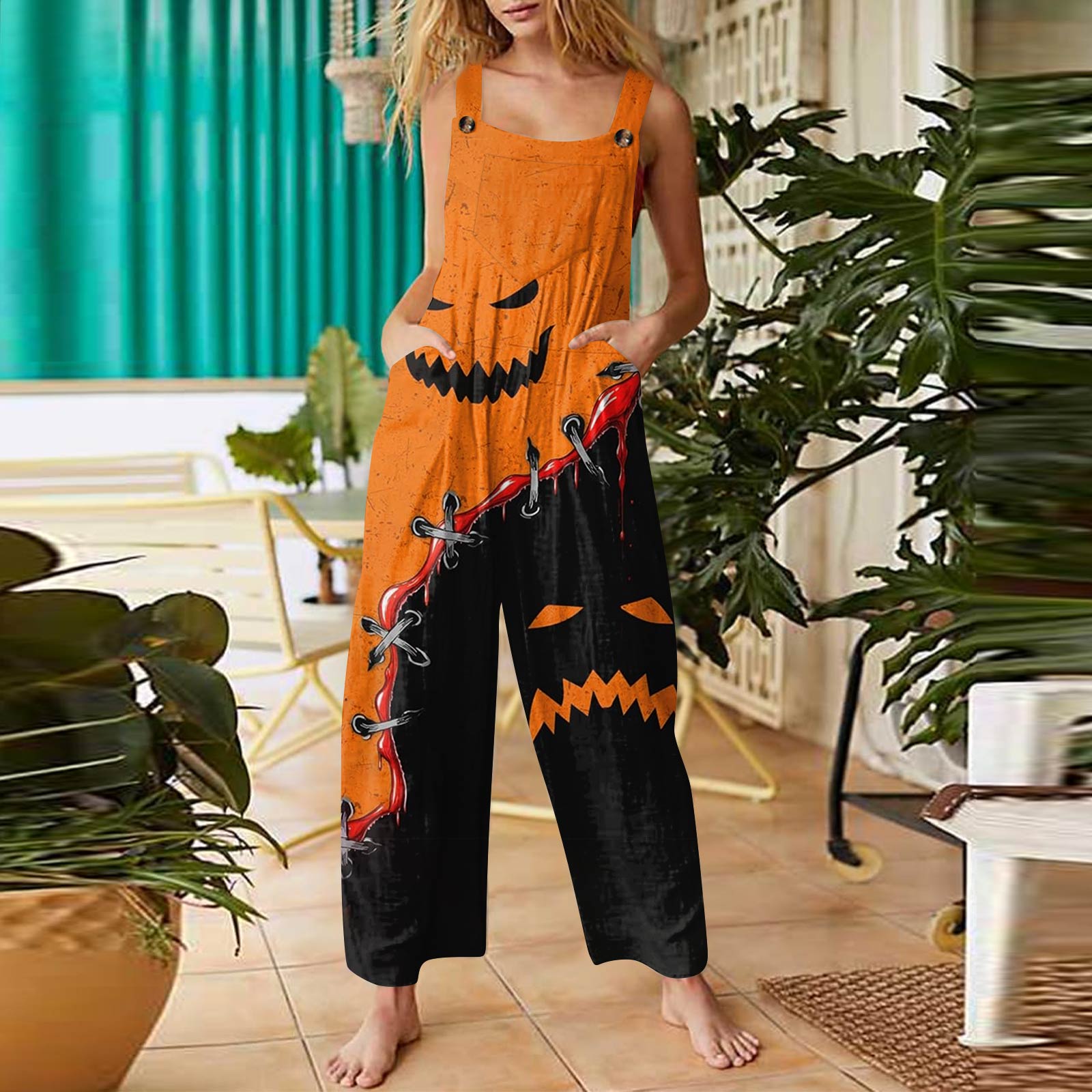 

Женский модный повседневный винтажный комбинезон без рукавов на пуговицах с принтом на Хэллоуин L