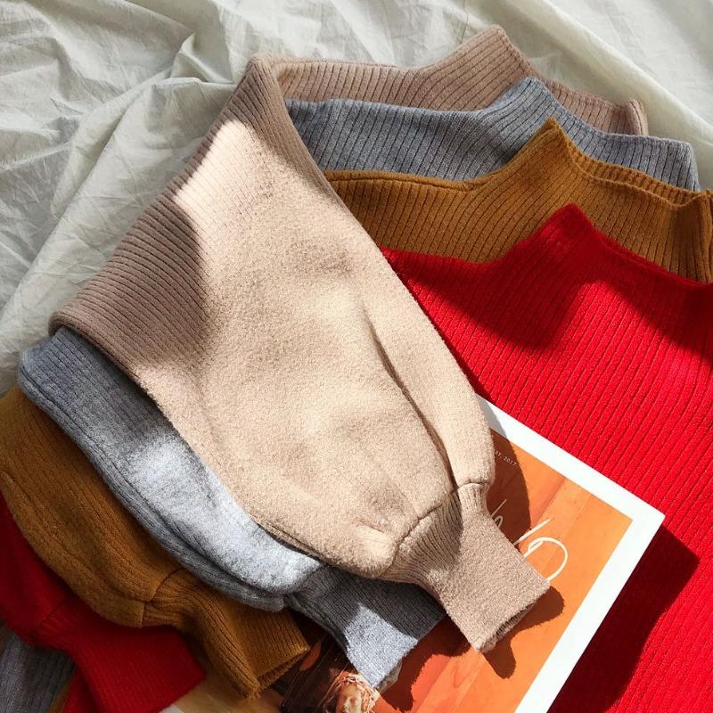 Women's Plus-Size Turtleneck Short-Sleeve Lantern-Sleeve Pullover Sweater Korean-Style Thickened Loose Puff-Sleeve Knitted Batwing Top
