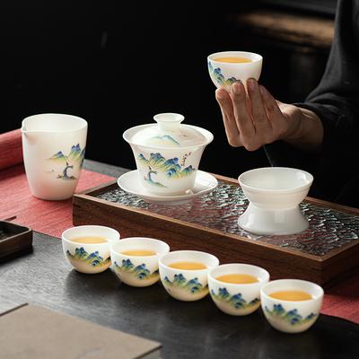 Weißes Porzellan Kung Fu Tee-Set Geschenkbox High-End Reise-Tee-Set Deckelschale Teetasse Speckjade