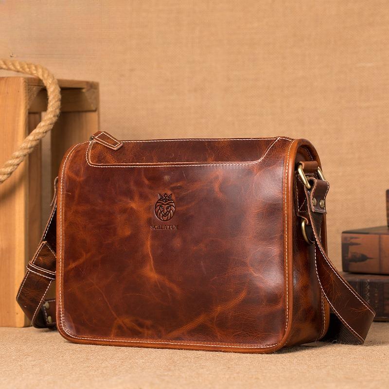 Men's Fashionable Single-shoulder Crossbody Bag, Men's Retro Oil-wax Genuine Leather Messenger Bag