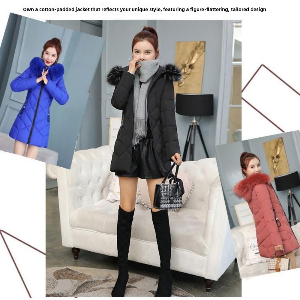 Dámské zimní oblečení úzkého střihu v zahraničním stylu s velkým kožešinovým límcem, středně dlouhé bavlněné oblečení, hromaděné a zahuštěné, teplé bundy, vatované oblečení