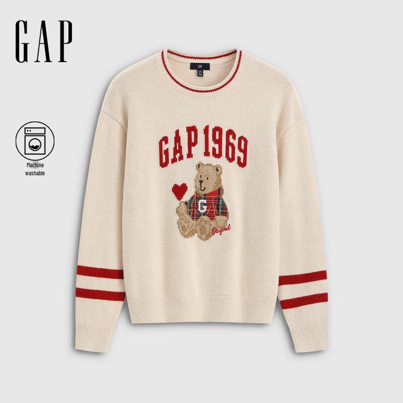 GAP Women's Logo Bear Intarsia Knit Loose Round Neck Sweater