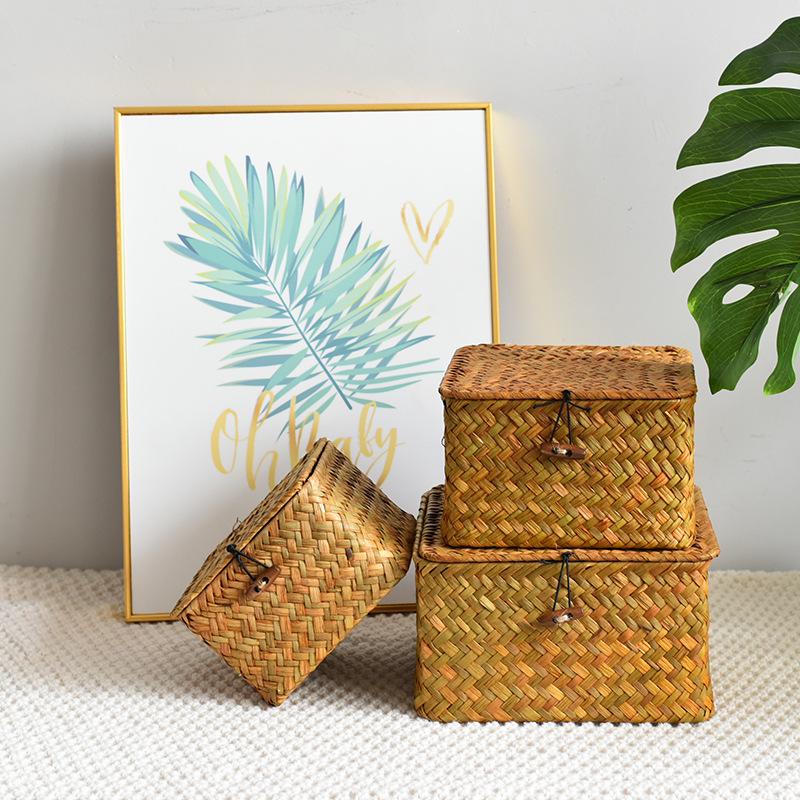 Handmade Straw Rattan Gift Basket with Lid – Woven Storage Box for Stationery & Souvenirs