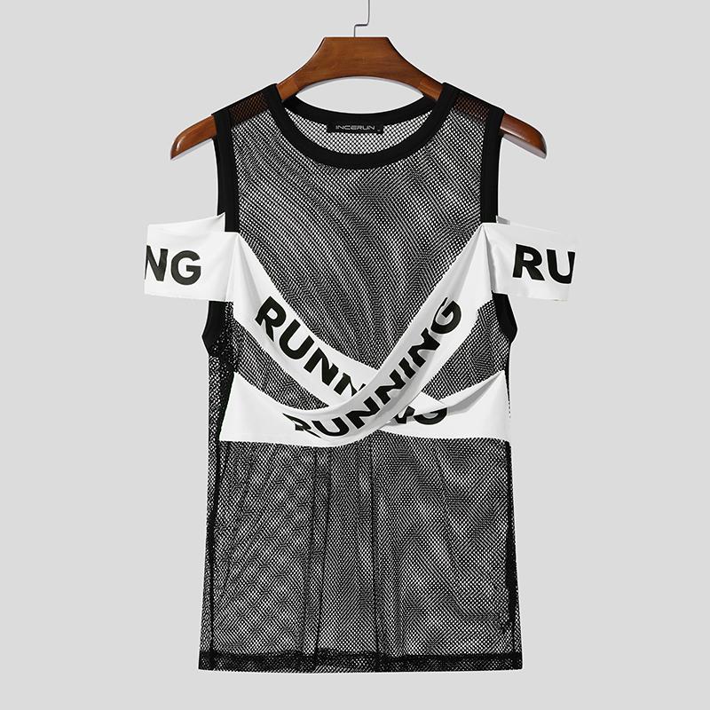 

INCERUN Мужские футболки с открытыми плечами, с перекрещенными лямками с надписями спереди, сетчатые, прозрачные, повседневные, облегающие 5XL