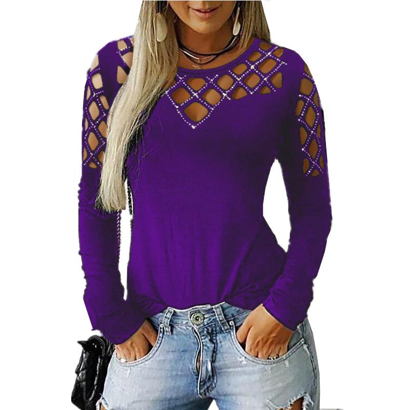 Long Sleeve Shirts for Women Oversized Crewneck Cut Hollow Rhinestone Tops Tshirts New Autumn Winter T-Shirt Top