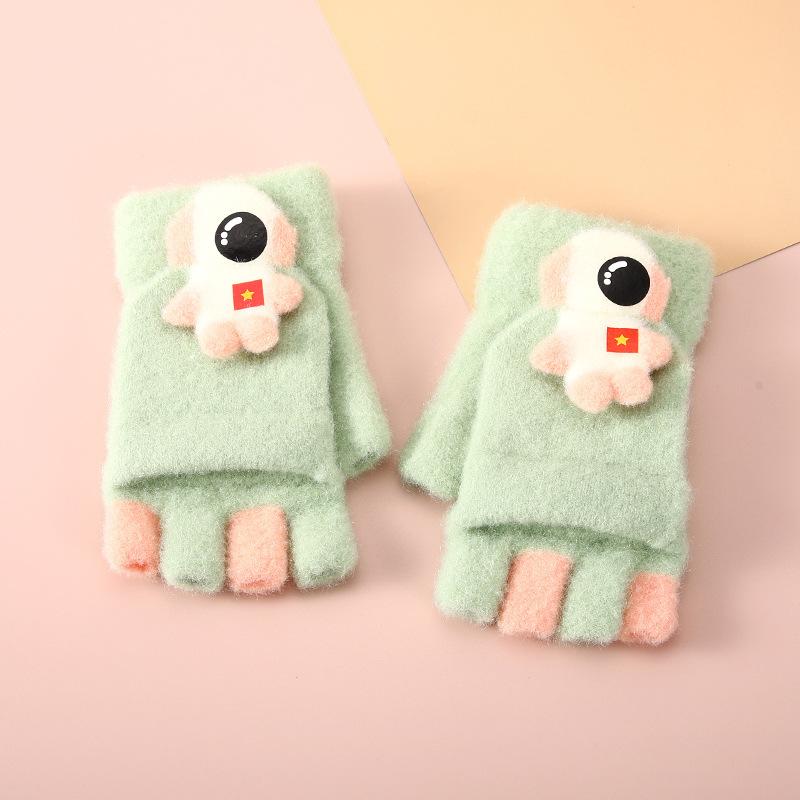Children's Astronaut Half finger Gloves with Velvet Warm Flip Baby Writing Gloves Cold Proof and Thickened Primary School Students' Gloves