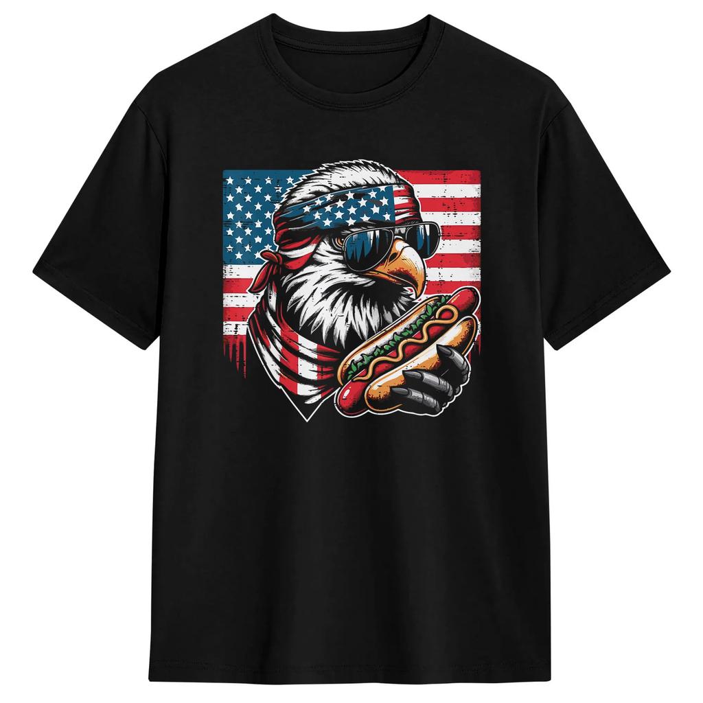 4th of July Funny Eagle Hotdog USA Flag Cotton T Shirt For Unisex Summer Classic T Shirts Leisure Tees Oversized Cheap Tops