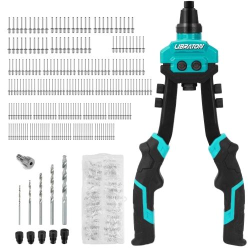 LIBRATON Hand Riveter Set with 250 Blind Rivets (2.4/3.2/4.0/4.8/6.4mm), 5 Nosepieces, and 5 HSS Drill Bits
