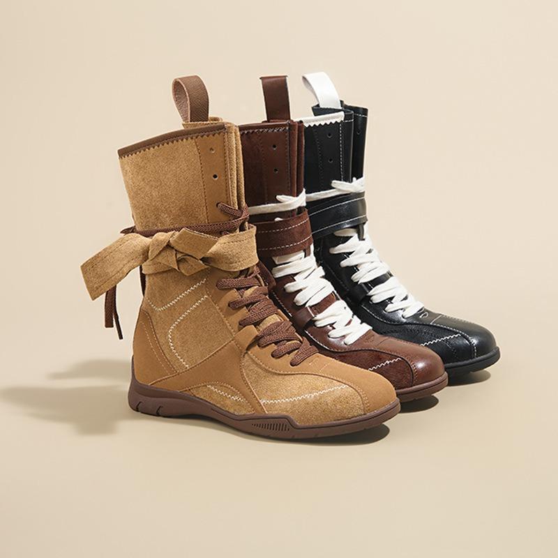 Inner Heightening Martin Boots Women's New Maillard Boxing Boots Frosted Leather Lace-up Short Boots