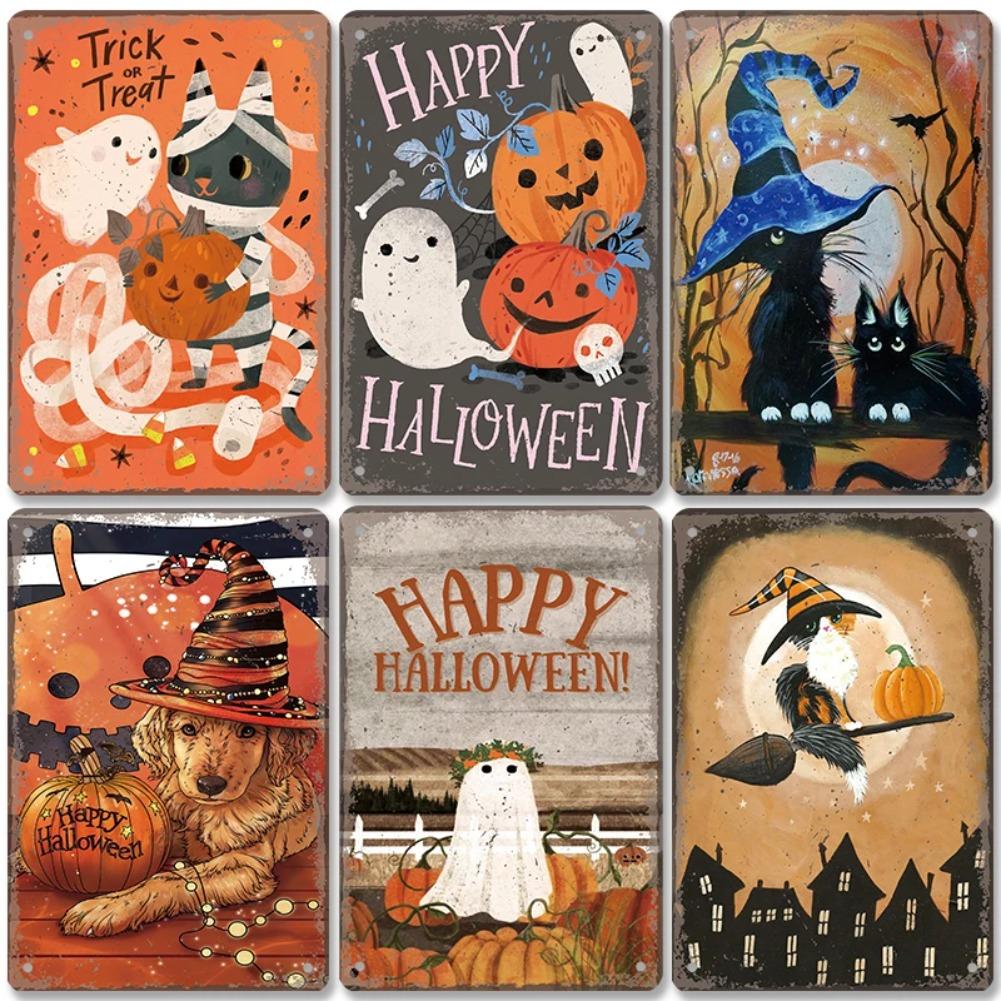 Happy Halloween Retro Poster Metal Plate Jack-O-Lantern Black Cat Witch Metal Tin Signs Vintage Halloween Party Living Room Home