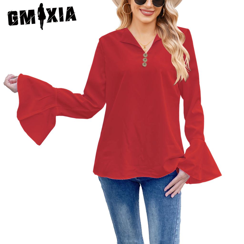 GMXIA Women's Spring and Autumn Lotus Leaf Long-sleeved Shirts, Solid-color T-shirts, V-neck Button Women's Tops