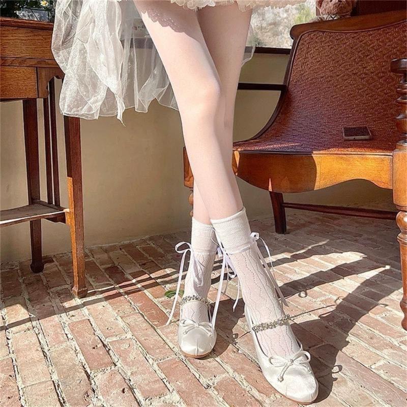 Summer Casual Ballet Style Sock Sweet Solid Color Bandage Cotton Bows Tie Hollows Stocking for Women Girl Summer