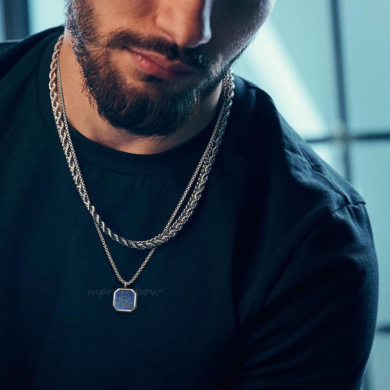 Königliche quadratische Herrenhalskette, Anhänger aus Tigerauge, Anhänger aus Lapislazuli. Römische Anhängerhalsketten aus Edelstahl