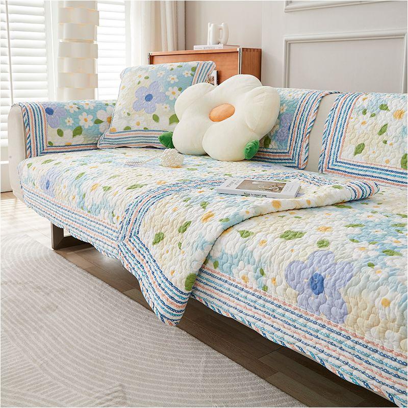 

Minimalist Cotton Quilted Quilted Sofa Cushion All Year Round Neutral Pure Cotton Fabric Non Slip Living Room Cushion Machine Washable Flower field(Twill pure cotton]) 90*120cm