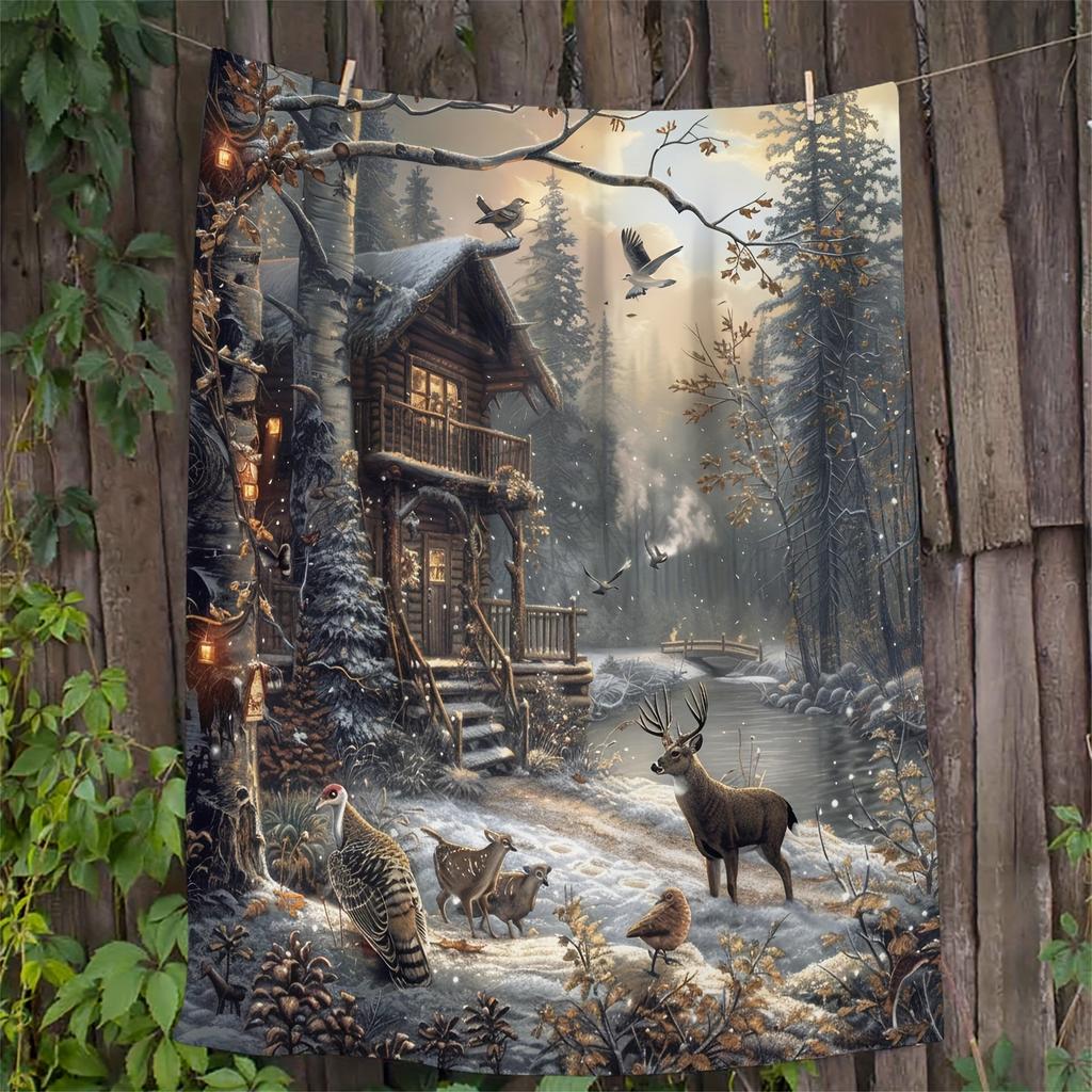 1pc Winter Forest Cabin & Wildlife Throw Blanket - Perfect Christmas & Winter Holiday Decor, Ideal Small Gift for Nature Lovers