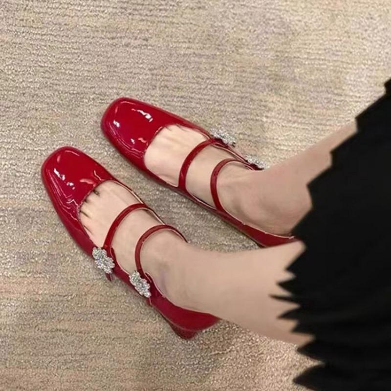 Fashion Spring New Style Thick Heel Shoes for Women Square Head Shallow Mouth Diamond-like Buckle Soft Sole Non-slip Mid-heel Shoes