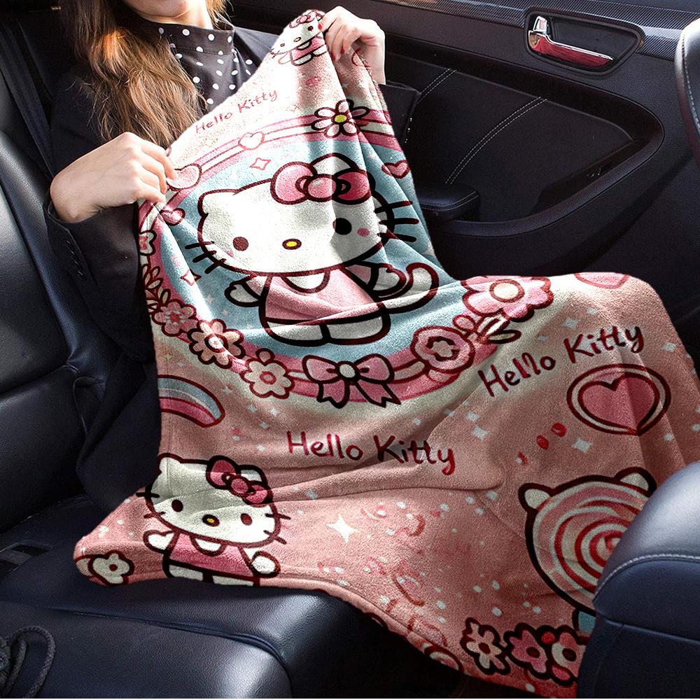 For Hello Kitty, Cute, PinkAnime-Themed Flannel Blanket, Glam Style, Digital Print, All-Season Comfort, Tear-Resistant, Knitted Craftsmanshi