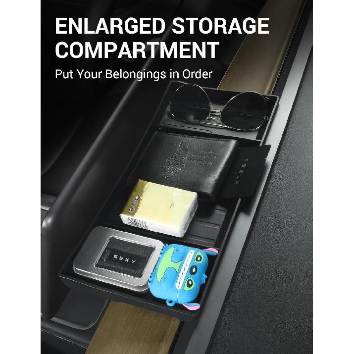 BASENOR Tesla Model Y Model 3 Center Console Behind Screen Storage Box, Dashboard Hidden Organizer Tray Sunglasses Holder For 2017- Model 3 -2024