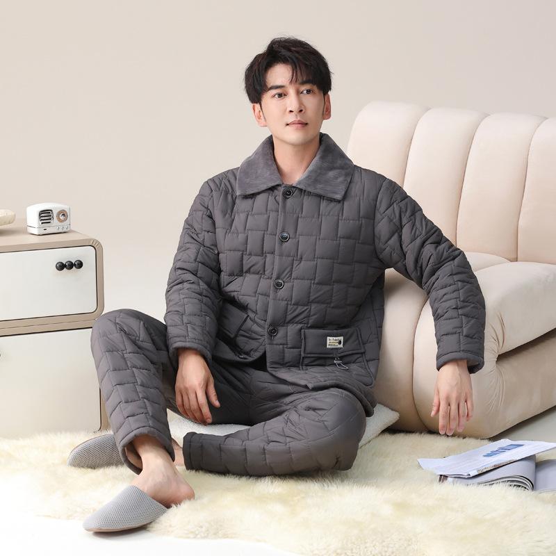 Pajamas Men'S Winter Coral Fleece Thickened Fleece Three-Layer Padded Jacket Autumn And Winter Warm Down Padded Homewear