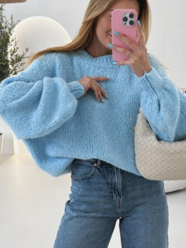 2025 Autumn and Winter Women's Loose Lantern Sleeve Sweater Round Collar Pullover Solid Color Knitted Sweater