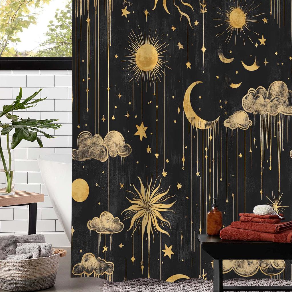 Moon and Sun Cloud Shower Curtain - Vintage Artistic Design, Polyester, 12 Hooks, Machine Washable