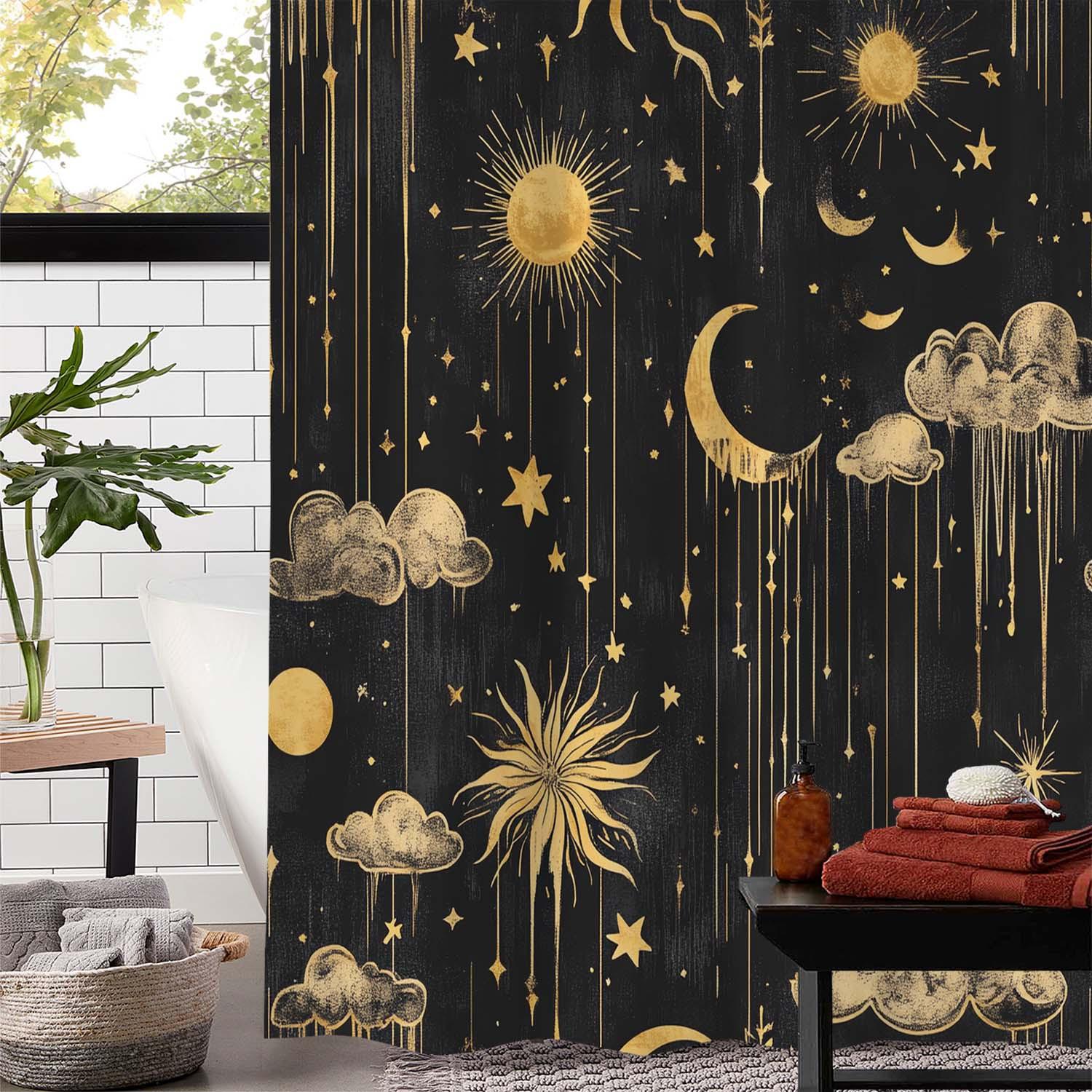 

Moon and Sun Cloud Shower Curtain - Vintage Artistic Design, Polyester, 12 Hooks, Machine Washable W90XH180cm