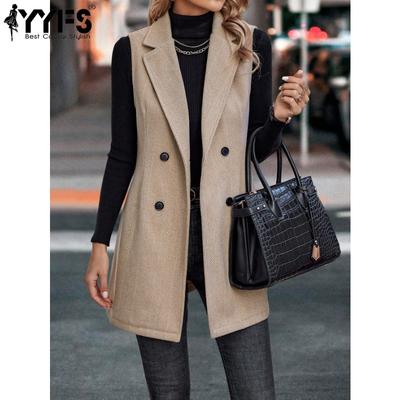 Women's Fashion Casual Solid Color Print Autumn Winter Sleeveless POLO Neck Jackets & Coats