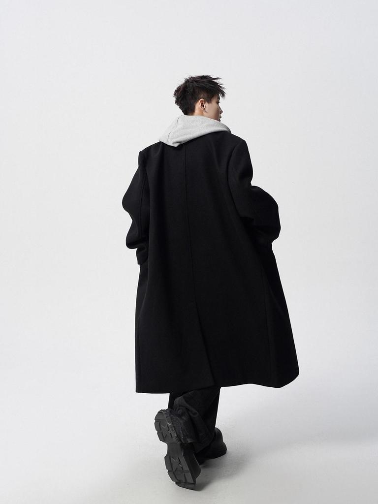 Men's Black Wool Trench Coat - Korean Style, Mid-Length, Over-the-Knee for 2025 Spring/Autumn