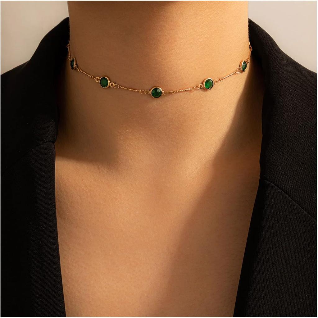 MIFYNN 18K Gold Plated Chain Choker Necklace Dainty Charm Emerald Cubic Zircon turquoise Gold Paperclip Chain Necklaces Green Rhinestone Chain