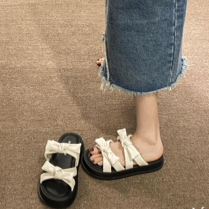 Round-toed Bow-knot Flip-flops for Women, New Korean-style Thick-soled Outerwear Women's Fashion Flip-flops for Summer 2025