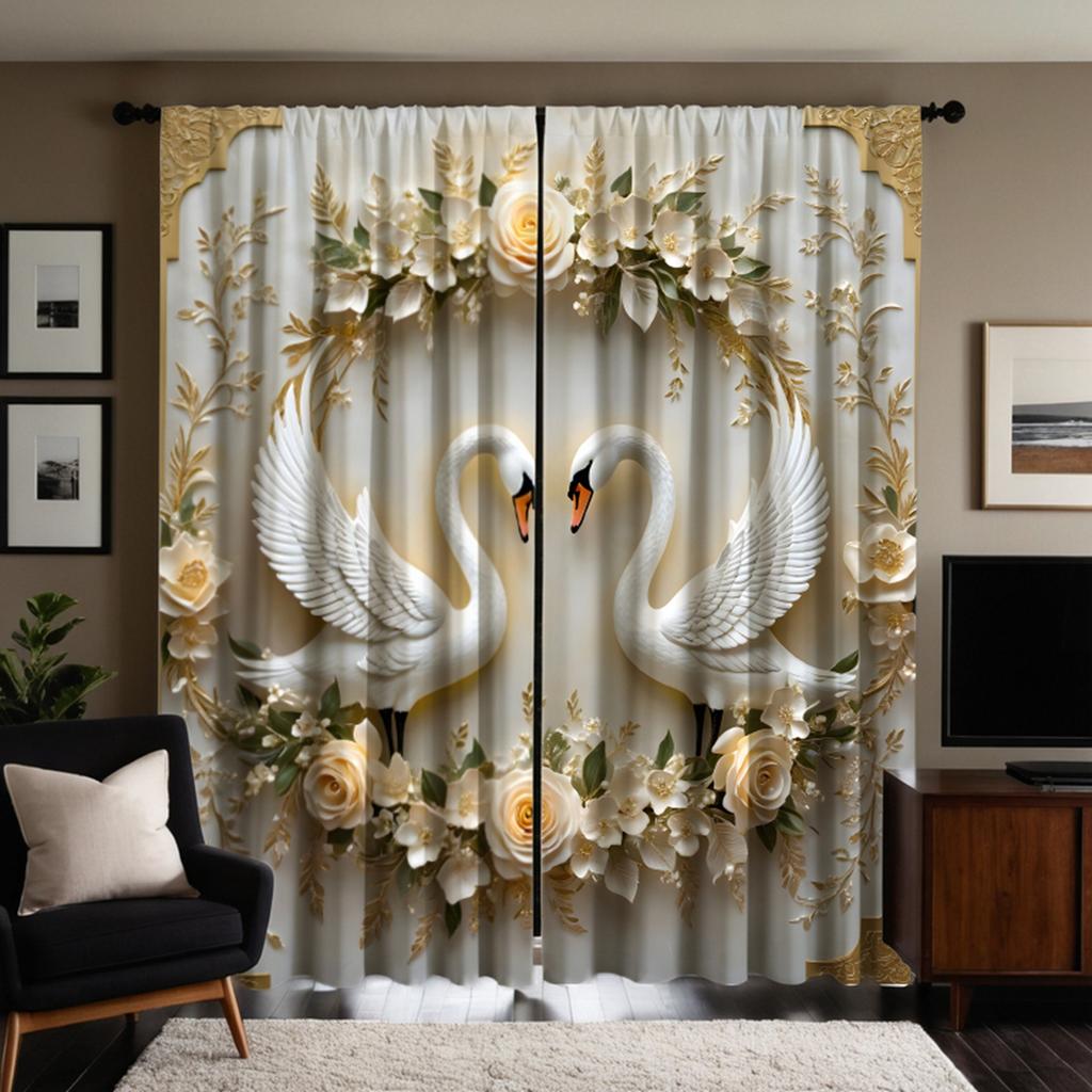 Dvoudílný HD digitální bílý kravatový krásný květinový labuťový závěs domácí dekorace stylová dekorace obývací pokoj ložnice nosit tyčový závěs