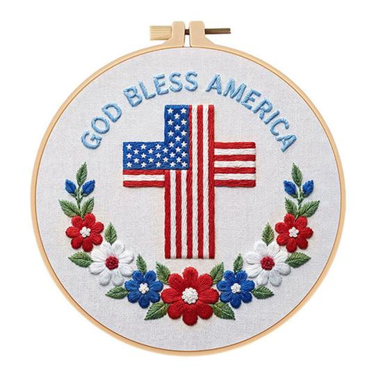 July 4th Embroidery Kit Set with Hoop DIY Embroidery Craft Threads Hand Embroidery A