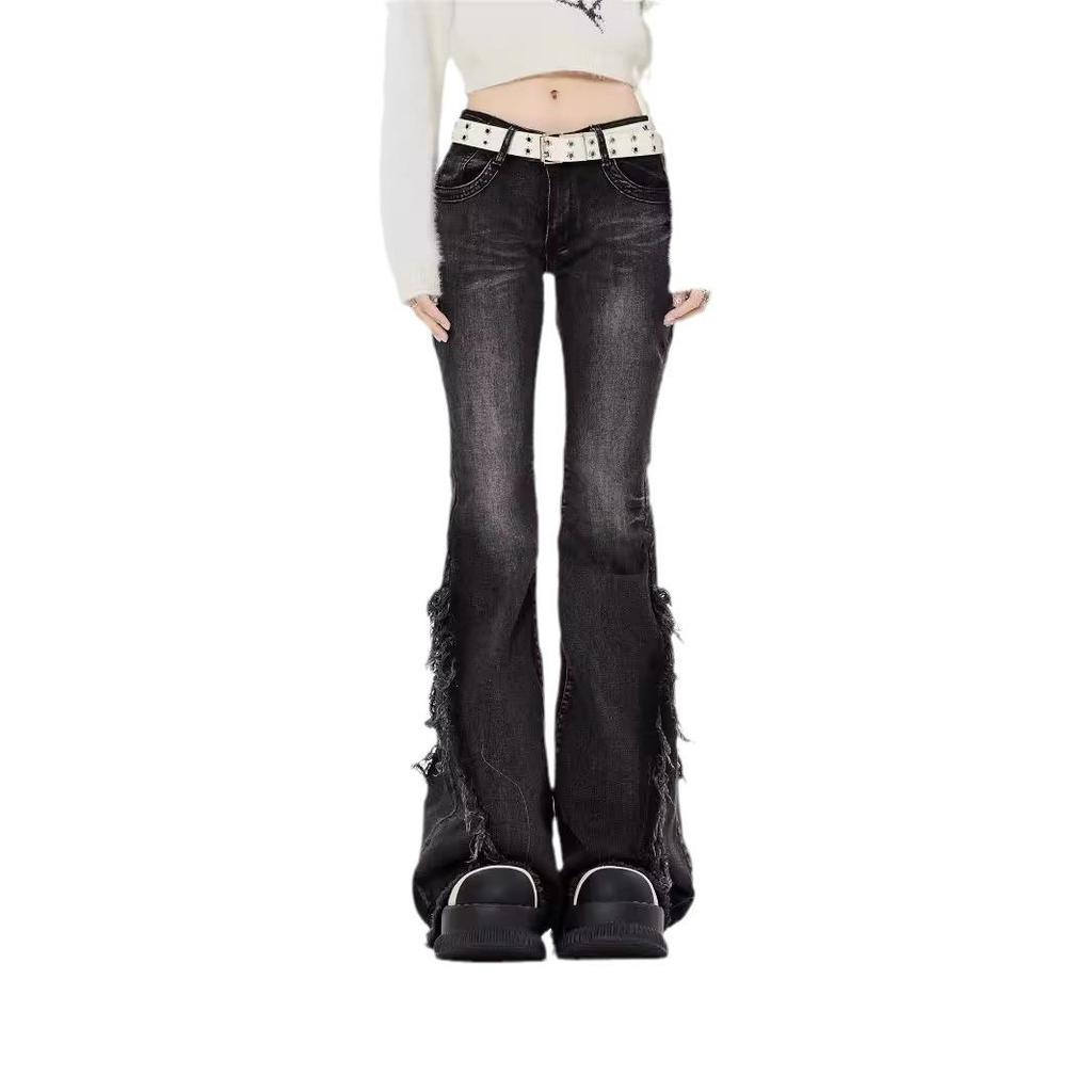 New 2024 Low Waist Gray Flared Jeans for Women - Retro Raw Edge Style