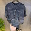 Men's Vintage Tie-Dye Short Sleeve Wash with Old Ripped Sequins Loose TShirts Casual Streetwear Hip Hop Tee Shirt