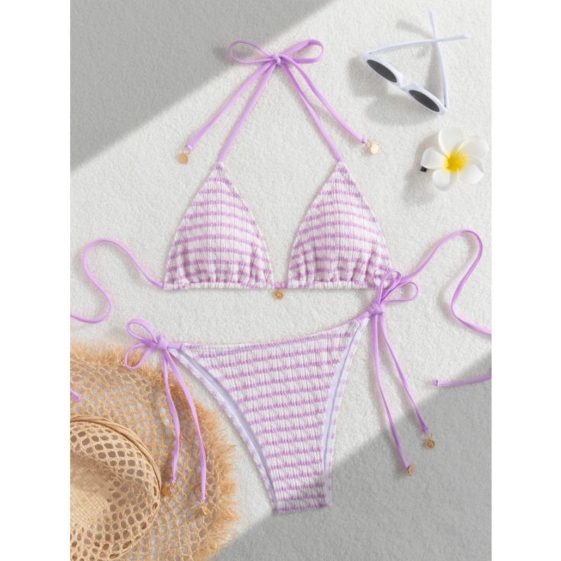 

Ladies striped and water ripple split swimsuit sexy bikini SexHy bikini swimsuit color blocking fashion high-end hot spring par XS фіолетовий