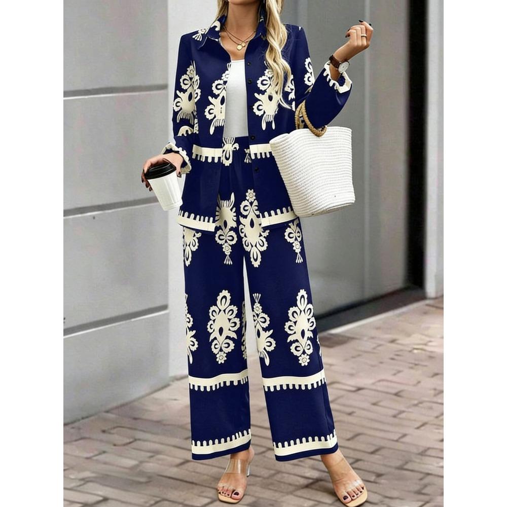 Women's Loose Fit Two Piece Outfit Long Sleeve Printed Shirt Elastic Waist Wide Leg Pants Set