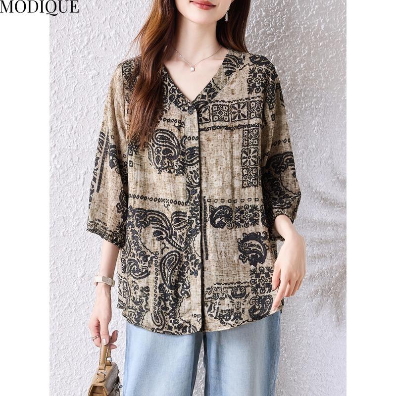 MODIQUE Spring Summer Plus Size New Women Loose Vintage Print Blouse Shirts Female Casual Folk Oversize Short Sleeve V-Neck Top