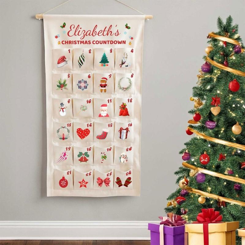 24 Numbered Advent Calendar Panel, Custom Fabric Christmas Wall Display for Entryways, Small Candy, Message Cards and Indoor Rooms