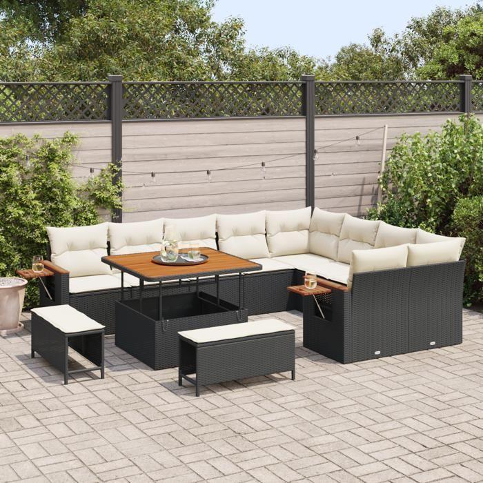 Canapé de jardin de 12 pièces avec coussins en poly rattan noir et acacia, Ensemble de salle à manger de jardin de 3 pièces 3363205
