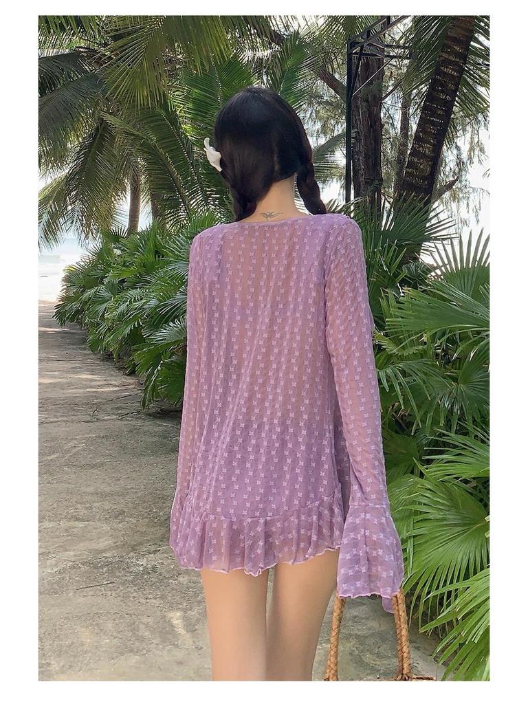2025 Korean Sexy Gathered Swimsuit: Women's Three-Piece Set with Long-Sleeve Cover-Up