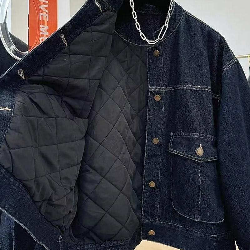 Frakke til Damer Fleece Fortykket Plys Efterår Vinter Oversize Afslappet Knap Denim Jakke