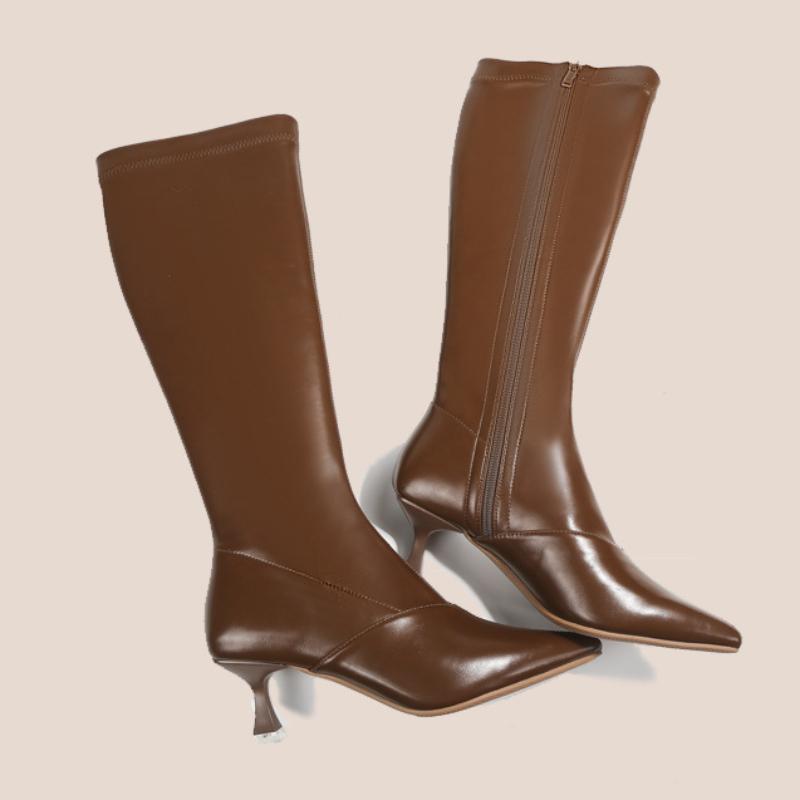 Nya Dam Svart Vit Faux Läder Stövlar Kvinnliga Spetsiga Tå Stilettklackar Knähöga Stövlar Riddarstövlar Botas De Mujer