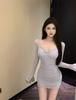 Pure Desire Spice Girl Mesh Long-sleeved Dress Women's Early Autumn Lace Purple Skirt Sexy Tight Hip-wrapped Skirt