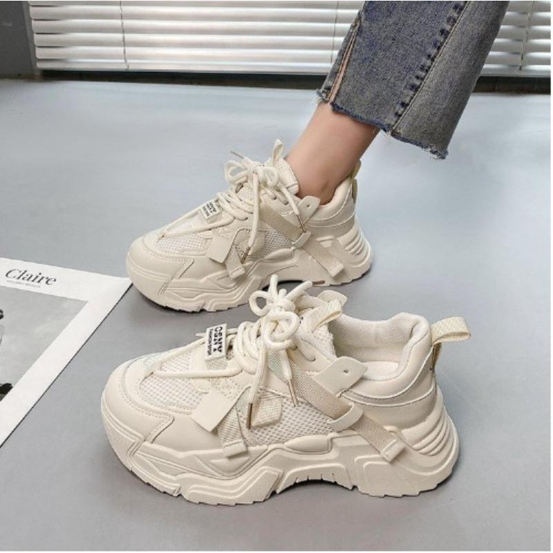 Spring and summer new mesh college style platform casual sports shoes round head lace-up heightening dad shoes women