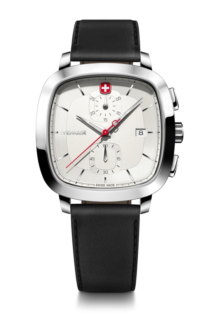 WENGER VINTAGE CLASSIC CHRONO Watch Chronograph Stainless Steel Case White Dial Black Recycled Leather Strap Chronograph Quartz 50m Water Resistant