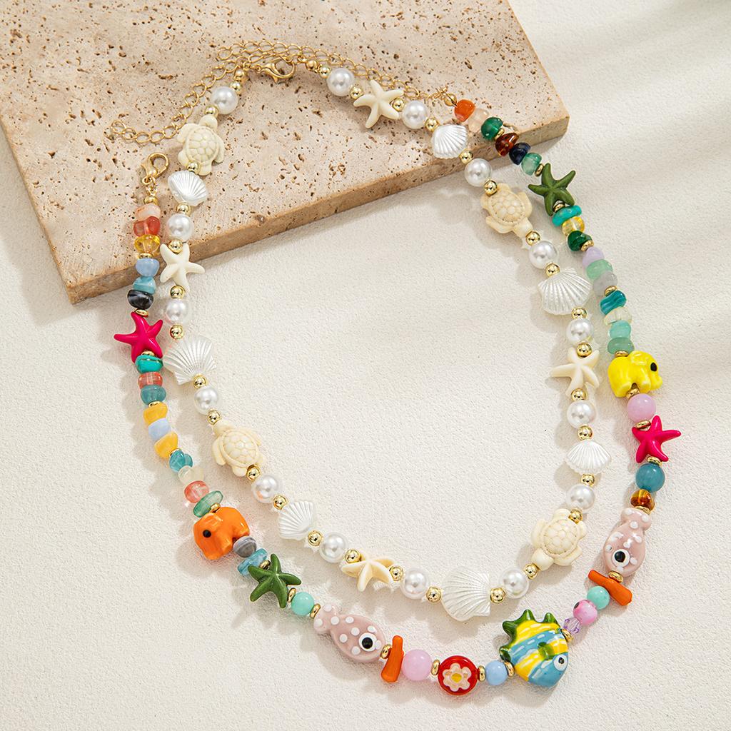 2 random colored ceramic elephant fish bead necklaces, double-layer layered imitation pearl starfish women's necklace